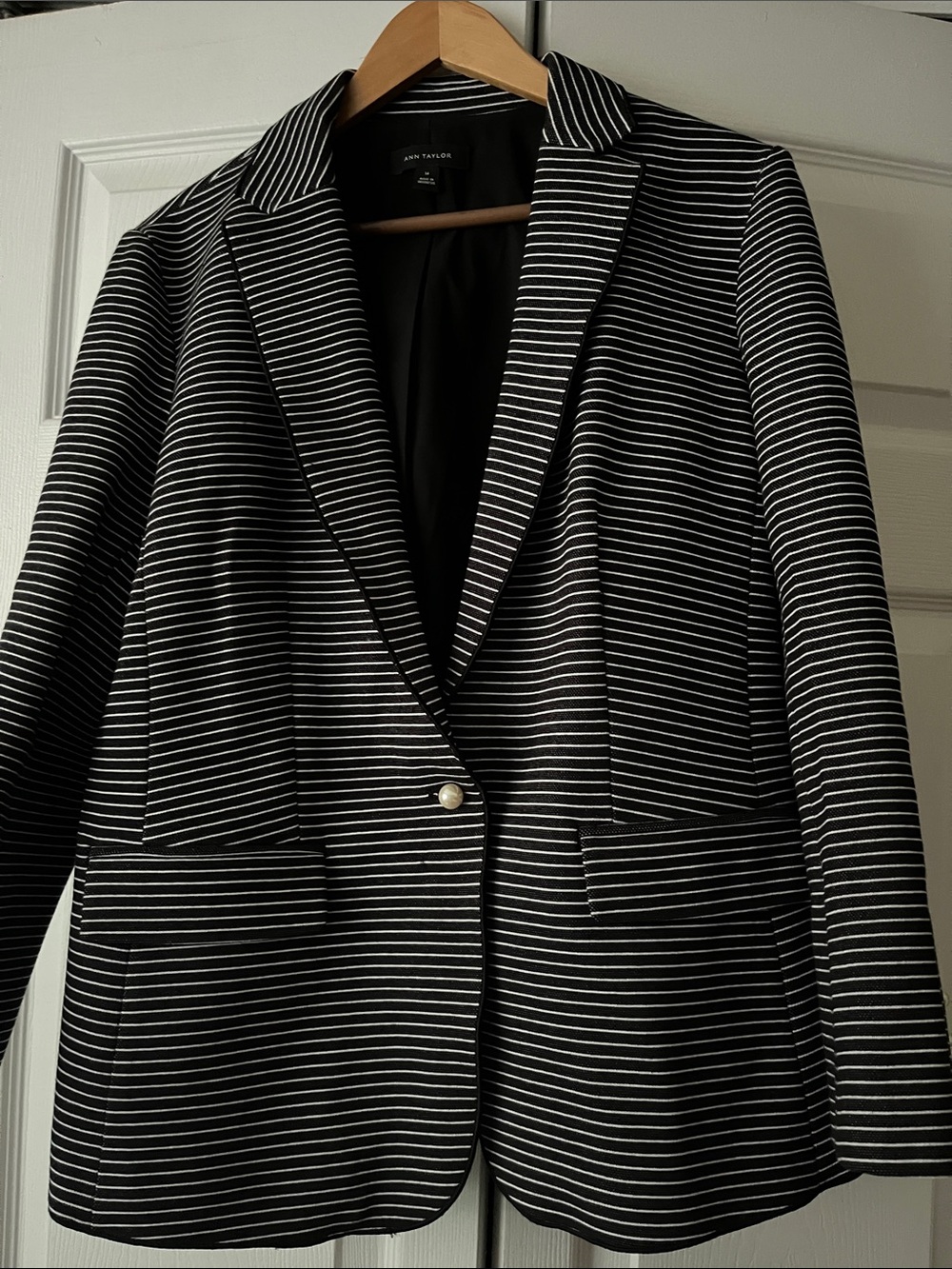 Ann Taylor Black and White Striped Single-Button Blazer